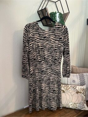 LOFT Black and Cream Zebra Print Long Sleeve Dress